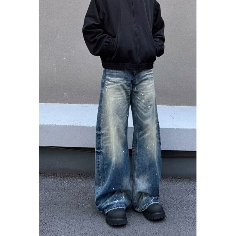 设计感泼墨阔腿牛仔裤女秋冬韩版ins高腰显瘦学生宽松垂感直筒裤