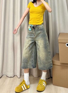 复古高腰牛仔七分裤女夏季韩版ins宽松显瘦学生百搭直筒阔腿中裤