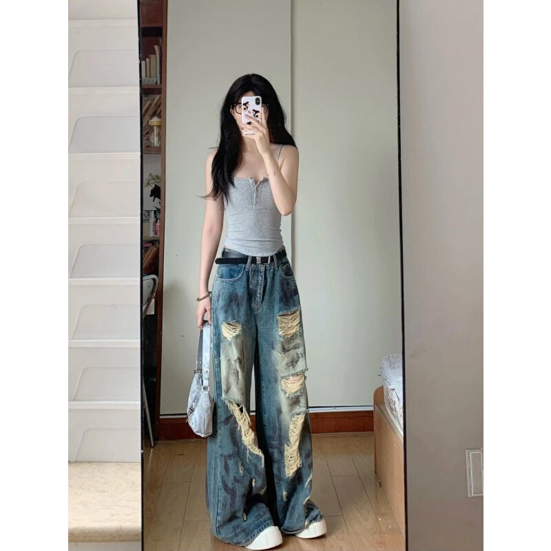 美式做旧脏脏破洞乞丐牛仔裤女夏季设计感高腰显瘦直筒阔腿长裤子