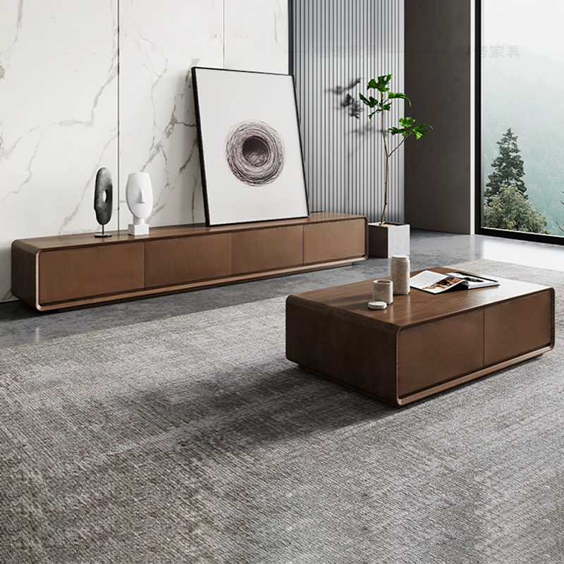 实木电视柜简约胡桃色客厅家用橡胶木茶几组合大小户型中古风地柜