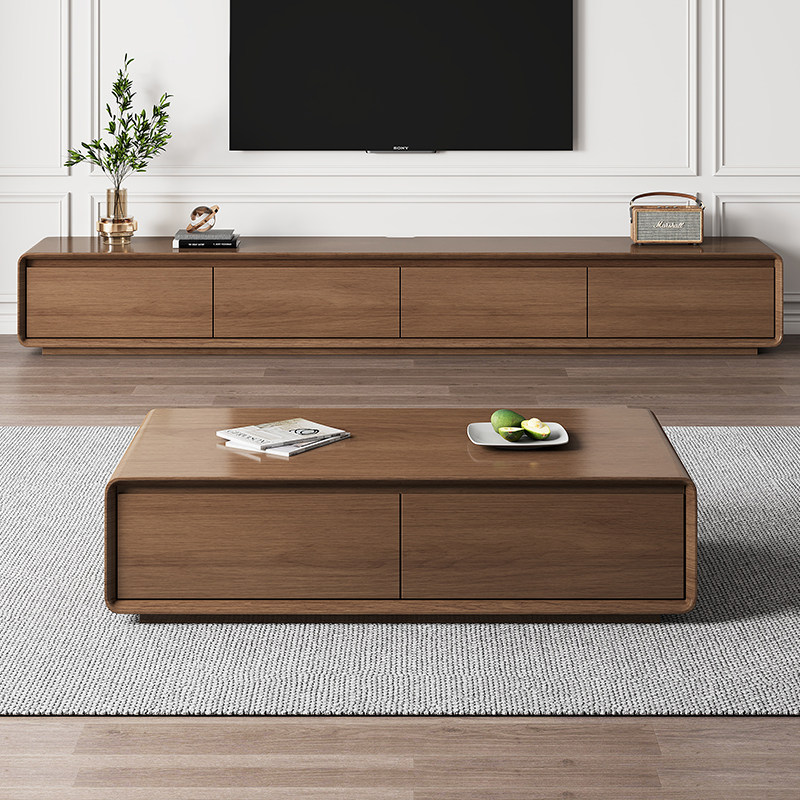 实木电视柜简约胡桃色客厅家用橡胶木茶几组合大小户型中古风地柜