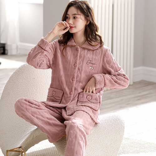 睡衣女冬季加绒加厚保暖珊瑚绒薄绒法拉新款休闲可外穿家居服套装