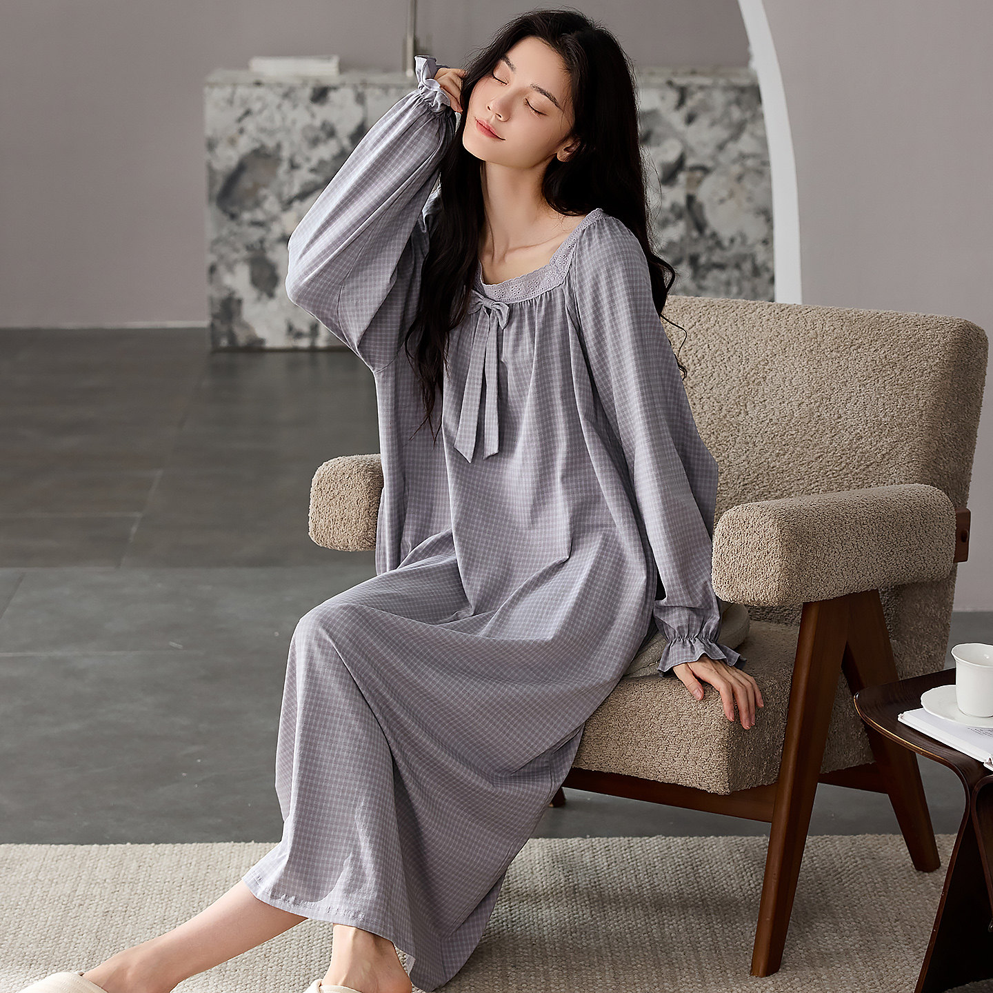 睡衣女2026新款春秋冬季纯棉长袖中年妈妈大码简约睡裙家居服套装