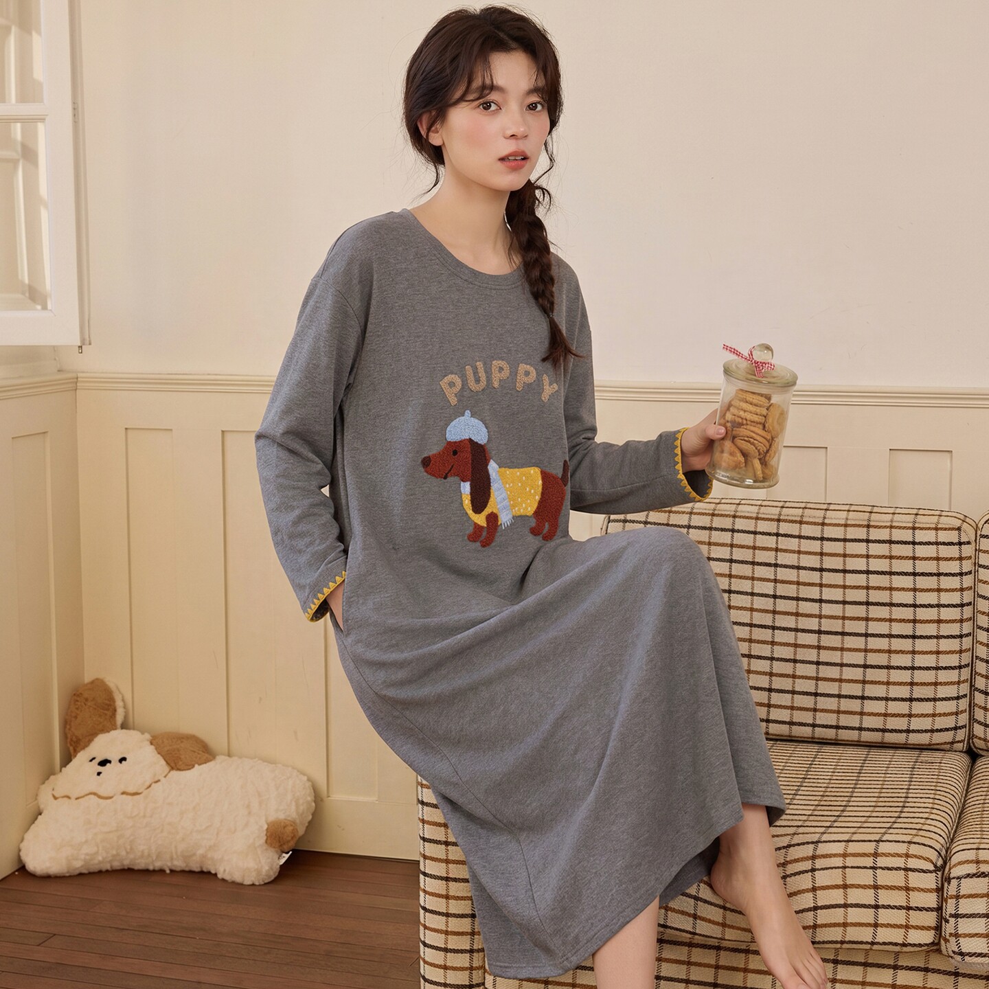 睡衣女春秋冬季纯棉长袖带胸垫中年妈妈大码可外穿睡裙家居服套装