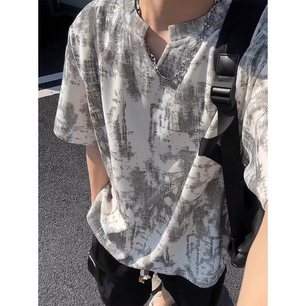 美式复古扎染V领短袖男夏重磅T恤情侣半袖513DX371P25,男装T恤,星座513