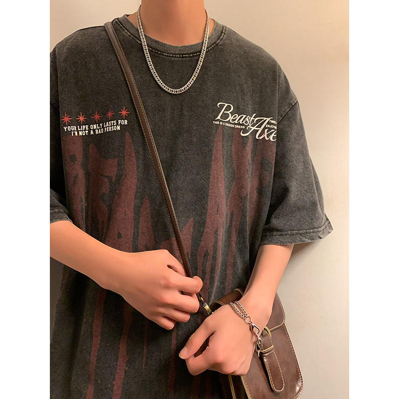 印花T恤2023新款复古创意水洗做旧宽松体恤上衣514-72320P40，男装T恤，星座513