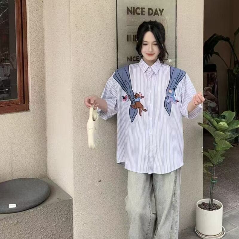 条纹短袖复古童趣小熊衬衫短袖宽松设计感513DX200P30,男装T恤,星座513