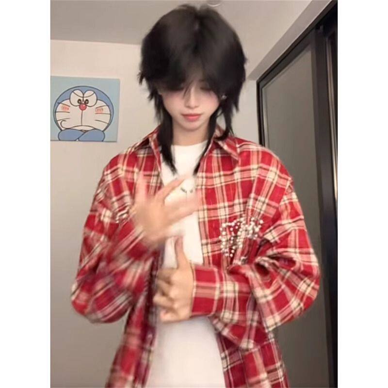 美式复古珍珠字母格纹衬衫长袖休闲男女同款外套衬衣513CS1617P47,女装衬衫,星座513