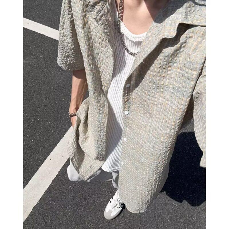 美式复古格纹短袖衬衫女夏宽松衬衣彩纱外套情侣上衣513DX1435P34图片