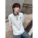 半拉链短袖T恤男款夏季学院风撞色翻领polo衫上衣513DX1297P40，男装T恤，星座513