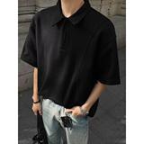 浅灰色半拉链翻领t恤男款美式复古拼接短袖polo衫高级感重磅半袖，男装Polo衫，星座513