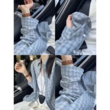 蓝色格纹防晒衬衫女夏季韩系宽松休闲衬衣慵懒风男513CS201P33，男装防晒衣，星座513