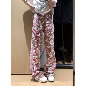 新款粉色迷彩大口袋工装裤阔腿宽松直筒男女街头做旧513CK1529P55图片