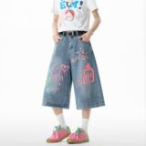 涂鸦设计慵懒风阔腿牛仔裤女夏季新款宽七分短裤513DK1292P42，男装牛仔裤，星座513