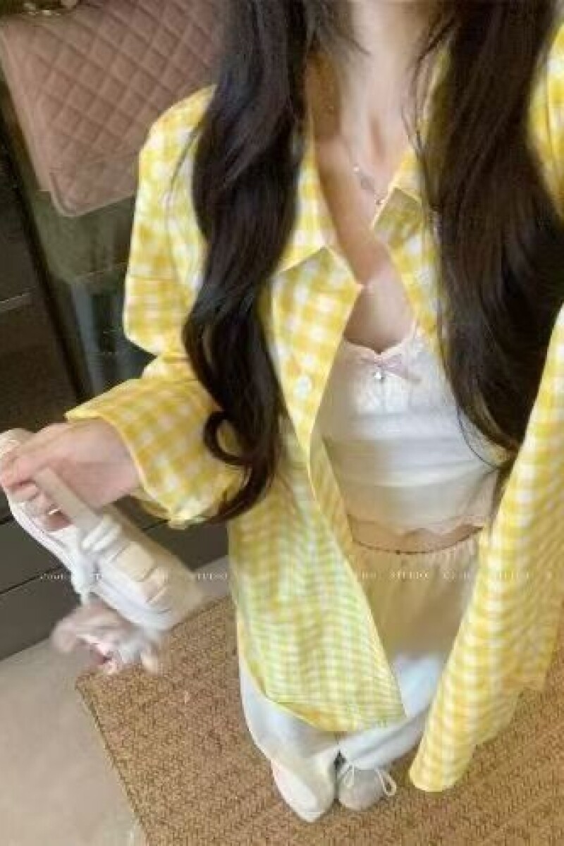 慵懒风黄白格纹长袖衬衫新款宽松气质上衣外套513CX1060P30,男装衬衫,星座513