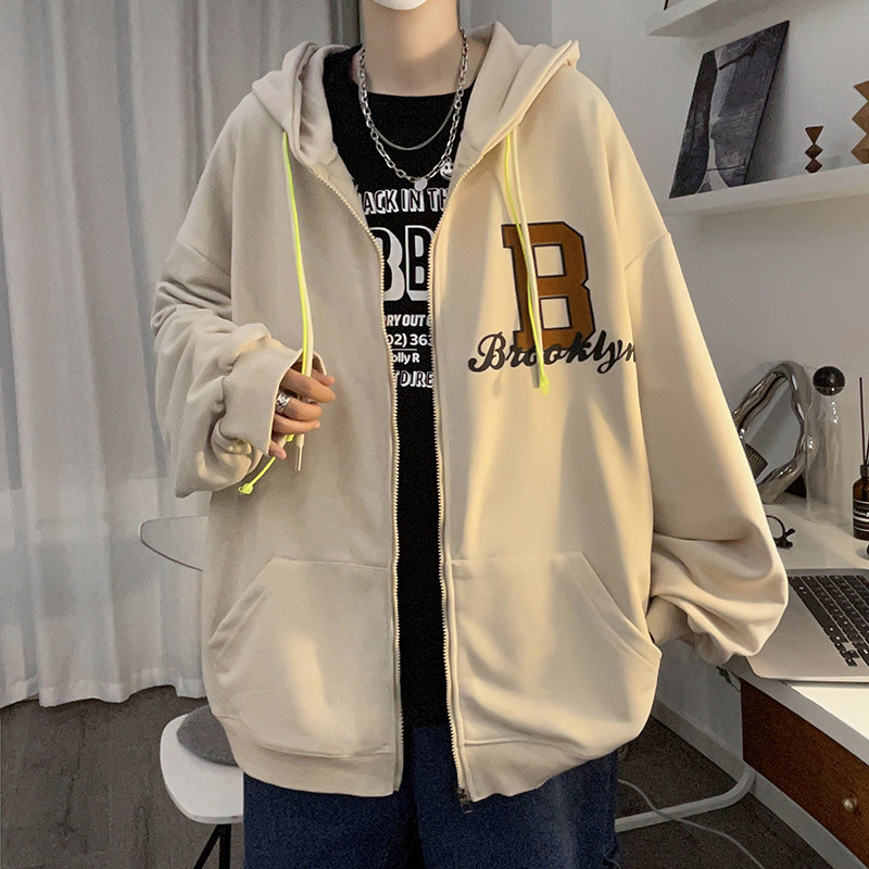 秋季新款植绒印花穿绳时尚宽松男连帽开衫卫衣情侣514-7WY01P65,男装卫衣,星座513
