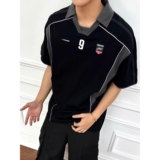 美式复古拼接字母印花男女polo领短袖T恤潮牌513PL392P35，男装T恤，星座513
