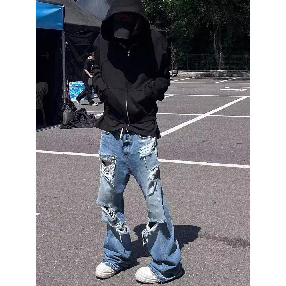 美式复古破洞高腰直筒阔腿裤牛仔裤日系513CK347P45,男装牛仔裤,星座513