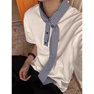 拼接领口短袖t恤男女夏重磅美式情侣半袖嘻哈513DX1152P40图片