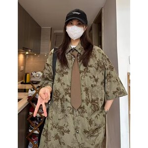 古着cleanfit巴洛克衬衫男短袖设计感高级冰丝花衬衣美式复古外套图片