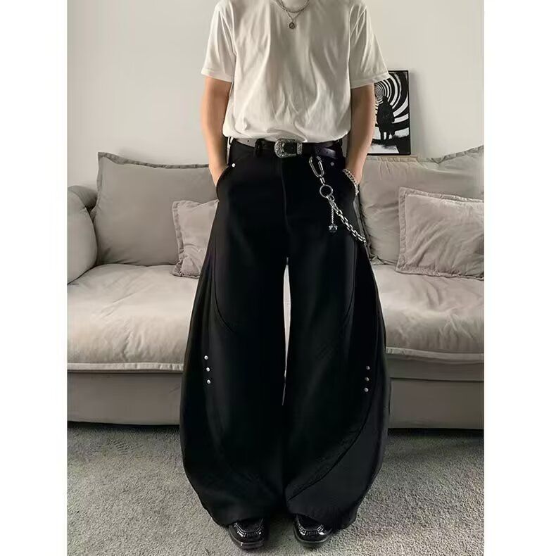 黑色铆钉弯刀西裤男款cleanfit垂感高级感裤子小众直筒宽松阔腿裤,男装休闲裤,星座513