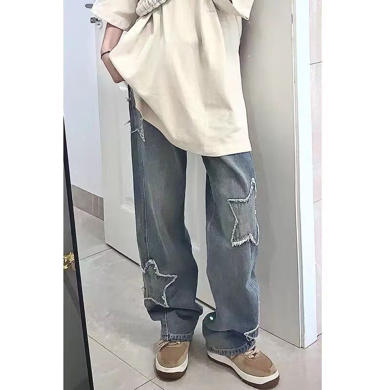 美式街头水洗做旧星星牛仔裤男直筒宽松高街长裤513CK382P40,男装牛仔裤,星座513