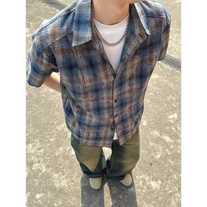 扎染脏脏格子衬衫男生短袖夏季美式复古松弛感潮流帅气高街衬衣服图片