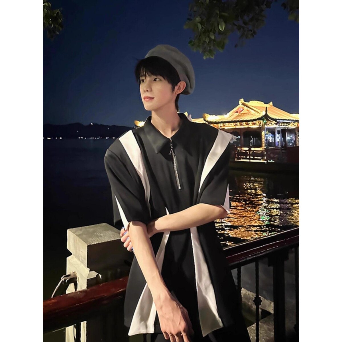 半拉链垫肩polo衫短袖男夏拼接衬衫领t恤五分袖513DX400P38,男装T恤,星座513