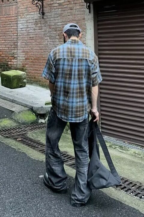 撞色格子短袖衬衫男美式复古街头宽松休闲百搭慵懒风513DX196P28,男装T恤,星座513