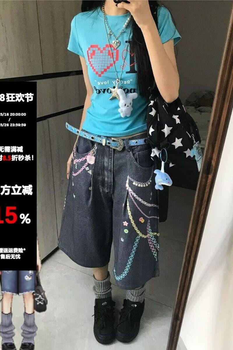彩色链条垂坠感牛仔裤女夏季新款高街宽松七分短裤513DK437P50,男装牛仔裤,星座513