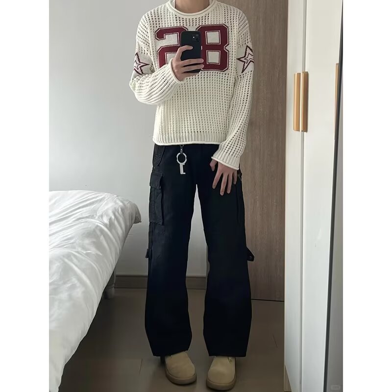 美式复古镂空针织罩衫男女新款数字提花宽松球衣513CX126P37,男装针织衫/毛衣,星座513