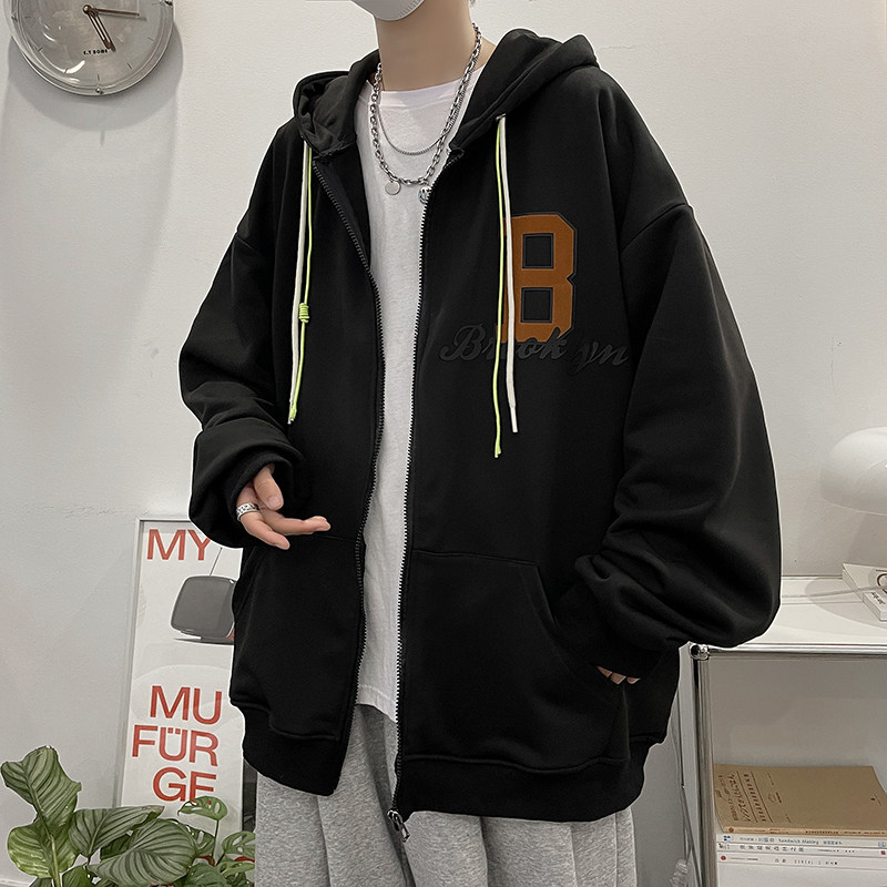 秋季新款植绒印花穿绳时尚宽松情侣连帽开衫卫衣男514-7 WY01 P65图片