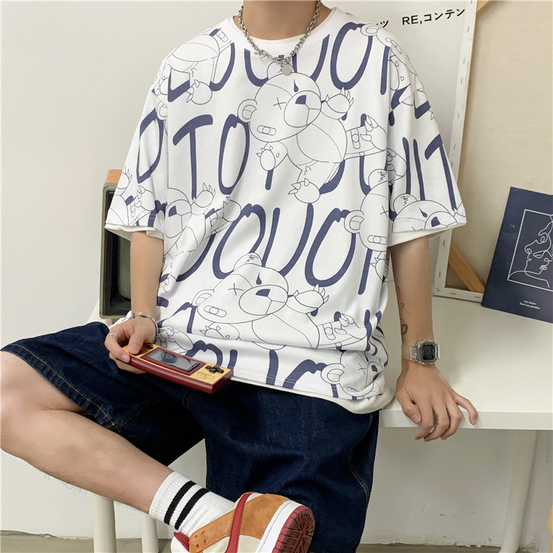 夏季潮流时尚百搭小熊满印花宽松情侣圆领短袖T恤男711 T10 P30图片