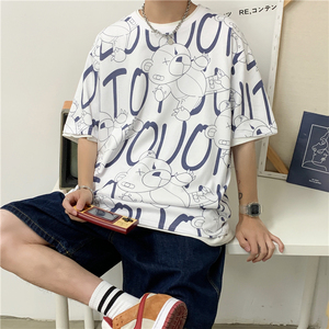 夏季潮流时尚百搭小熊满印花宽松情侣圆领短袖T恤男711 T10 P30图片