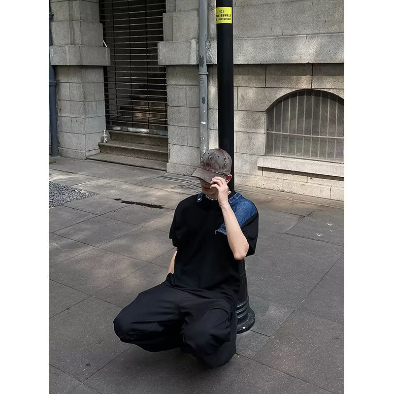 美式牛仔拼接假两件短袖男夏高级感痞帅垫肩t恤半袖513DX135P42,男装T恤,星座513
