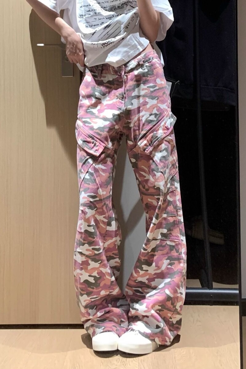 新款粉色迷彩大口袋工装裤阔腿宽松直筒男女街头做旧513CK1529P55,女装牛仔裤,星座513