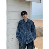 美式复古蓝色牛仔外套夏季凉感做旧扎染设计衬衣男士垫肩短袖t恤，男装衬衫，星座513