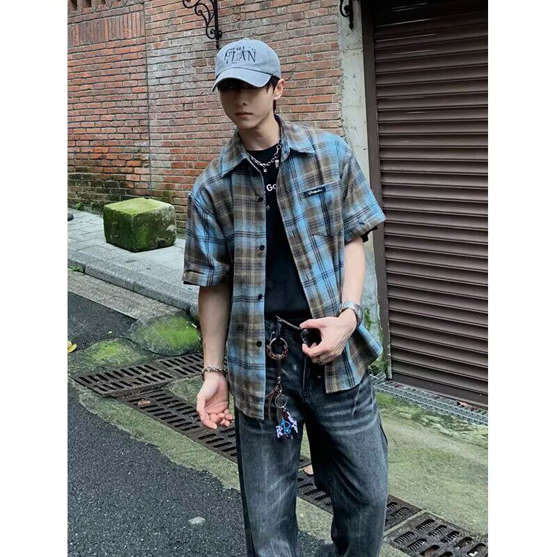 撞色格子短袖衬衫男美式复古街头宽松休闲百搭慵懒风513DX196P28图片