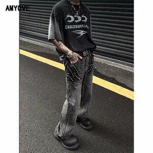 复古白色泼墨扎染高街口袋显瘦宽松牛仔裤男工装裤513CK236P37图片