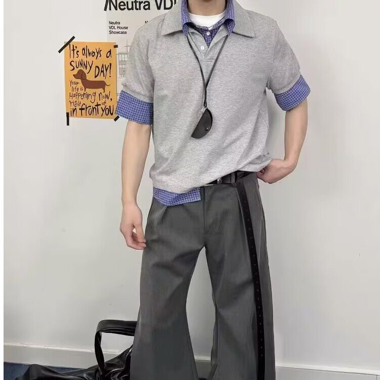 格子翻领假两件拼接短袖上衣夏装短袖t恤女半袖513PL101P35,男装Polo衫,星座513