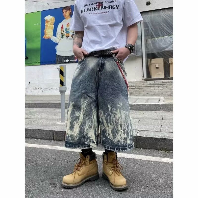 美式街头闪电纹扎花七分牛仔裤男女过膝直筒短裤513DKJ241P39,男装牛仔裤,星座513