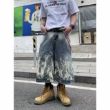 美式街头闪电纹扎花七分牛仔裤男女过膝直筒短裤513DKJ241P39，男装牛仔裤，星座513