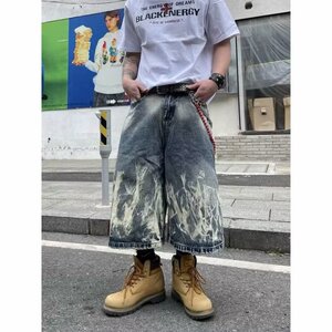 美式街头闪电纹扎花七分牛仔裤男女过膝直筒短裤513DKJ241P39图片