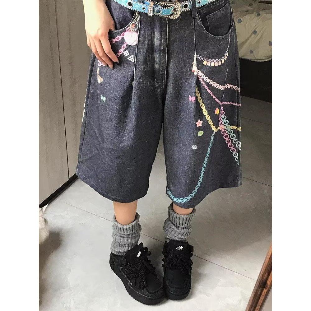 彩色链条垂坠感牛仔裤女夏季新款高街宽松七分短裤513DK437P50,男装牛仔裤,星座513