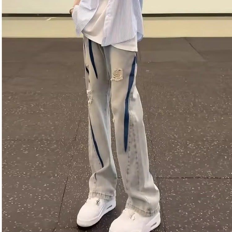 高街扎染破洞牛仔裤男夏季美式vibe嘻哈裤子薄款不贴腿弯刀微喇裤,男装牛仔裤,星座513