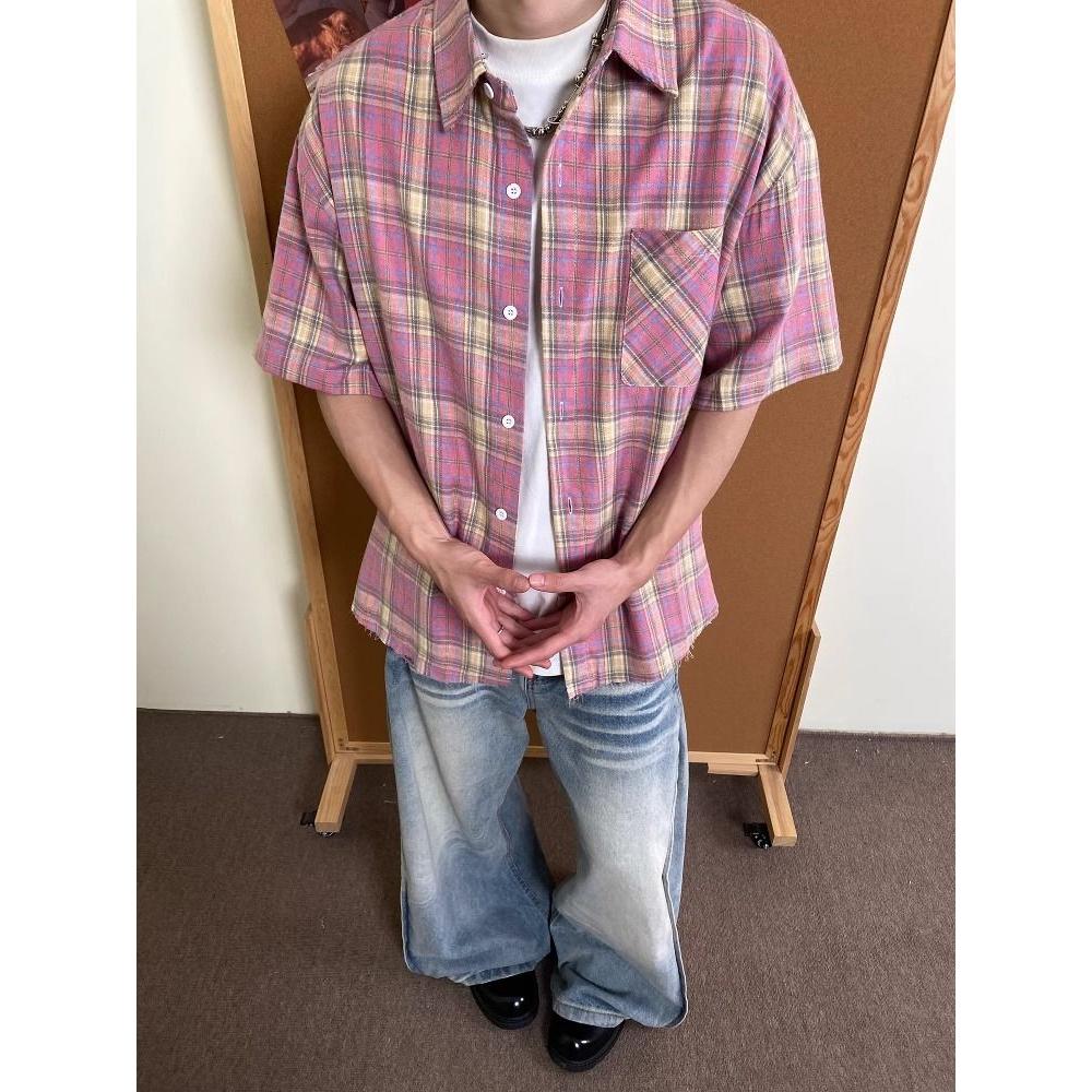 美式复古粉色格子衬衫男女夏季宽松短袖男潮流衬衣513DX1350P35，男装衬衫，星座513