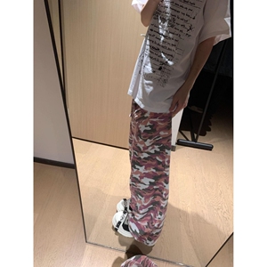 新款粉色迷彩大口袋工装裤阔腿宽松直筒男女街头做旧513CK1529P55图片