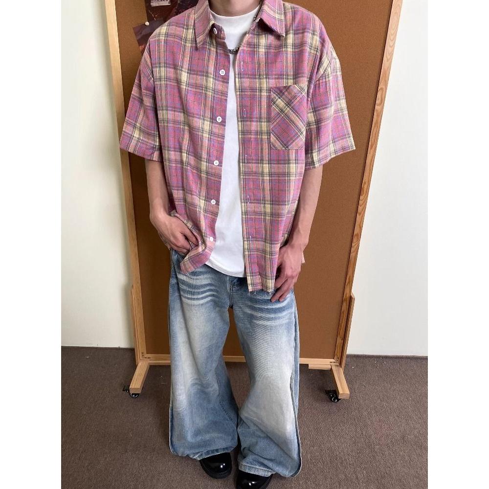 美式复古粉色格子衬衫男女夏季宽松短袖男潮流衬衣513DX1350P35,男装衬衫,星座513
