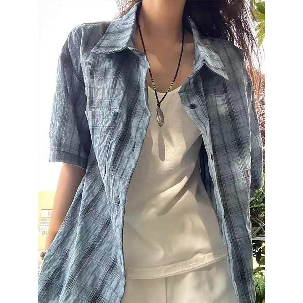 轻薄透气格子短袖衬衫女夏天新款宽松百搭防晒衬衣513DX1465P30,女装衬衫,星座513