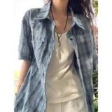 轻薄透气格子短袖衬衫女夏天新款宽松百搭防晒衬衣513DX1465P30，女装衬衫，星座513